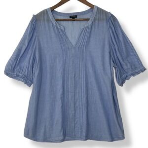 Talbots XL Blouse Blue White Stripe 100% Cotton Pintuck Ruffle Coastal Beach
